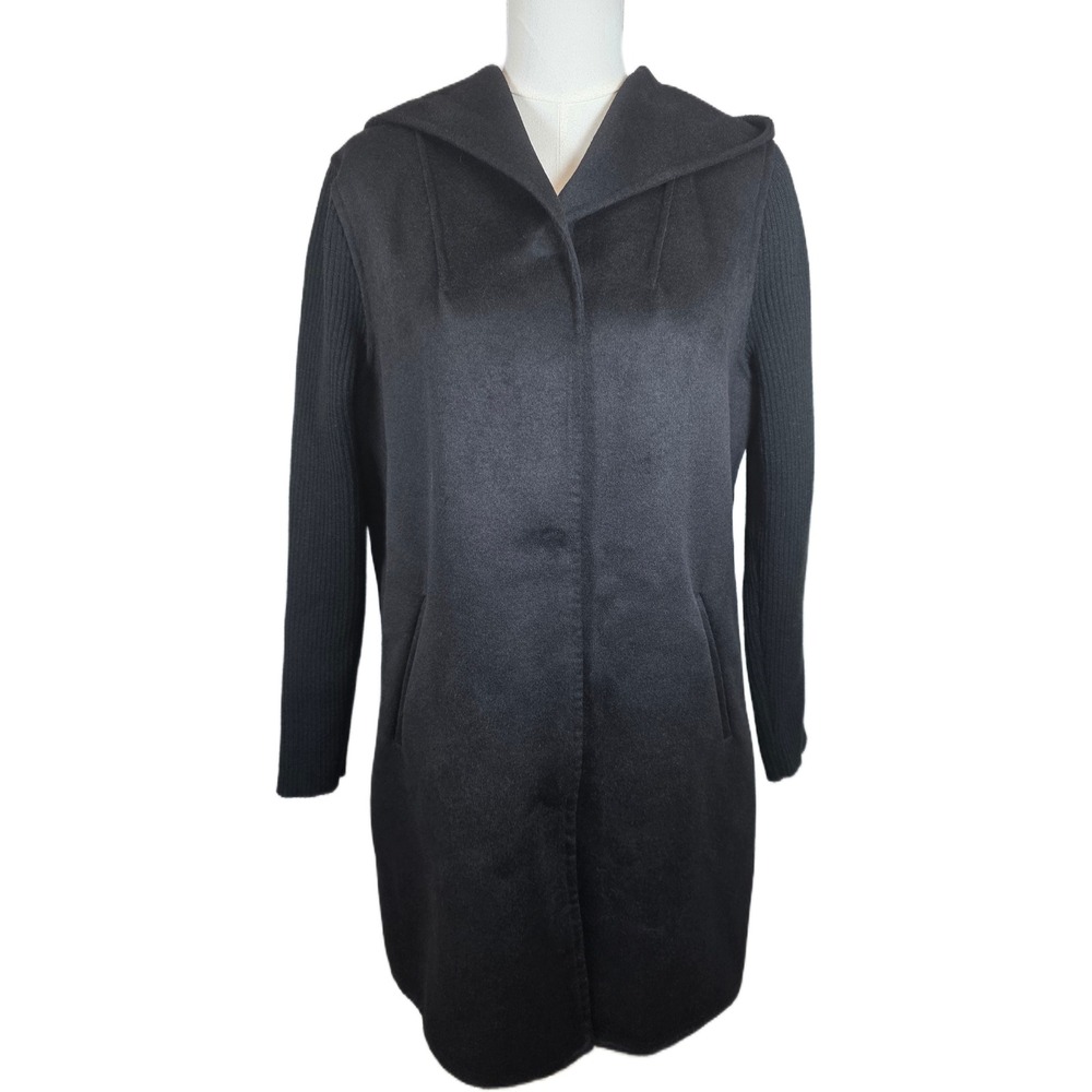 Kenneth Cole Women's Black Hooded Mixed Media Ribbed Sleeves Wool Blend Jacket